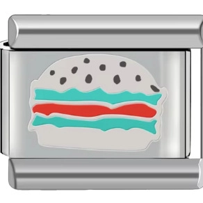 Detail eines italienischen Charm-Armbandglieds mit Hamburger-Design und Emaille-Finish