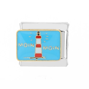 Eslabón de pulsera italiana con faro y texto Moin Moin sobre esmalte azul liso