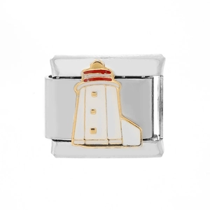 Detalle del eslabón de pulsera italiana con un faro en esmalte rojo y blanco