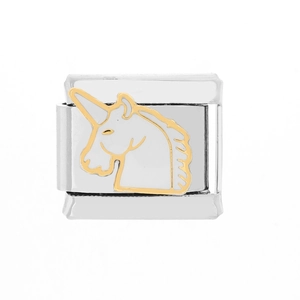 Detalle de eslabón de pulsera modular italiana de plata con diseño de cabeza unicornio