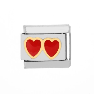 Abalorio italiano con dos corazones rojos y borde dorado para pulseras modulares