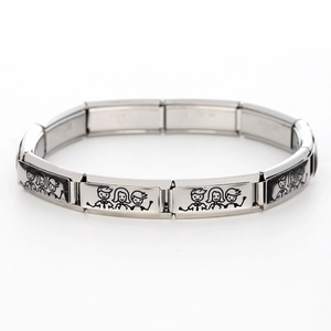 Macro detail of Italian charm bracelet links with family portrait engravings in stainless steel