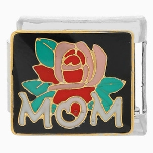 Abalorio para pulsera italiana con rosas rojas y texto MOM sobre esmalte negro