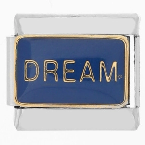 Eslabón italiano de acero inoxidable con esmalte azul y letras DREAM doradas