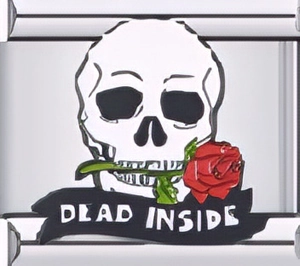 Detail of Italian charm link featuring white skull, red rose and Dead Inside text