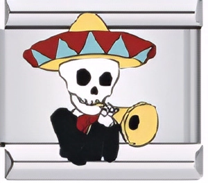 Macro detail of Italian charm bracelet link featuring a Day of the Dead skeleton musician