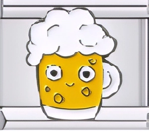 Macro detail of Italian charm link featuring a cute cartoon beer mug enamel design