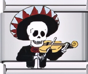 Detail of Italian charm featuring a Day of the Dead skull playing violin with enamel finish