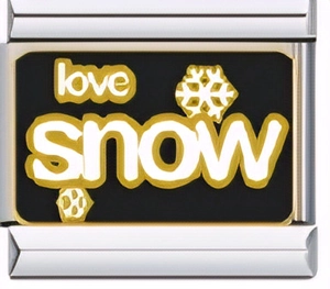 Macro shot of stainless steel modular charm with love snow text and golden snowflake