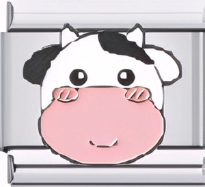 Detailed close-up of a modular stainless steel charm with a cute black and white enamel cow