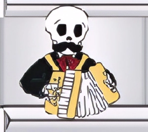 Detailed close-up of Italian charm link featuring a tuxedo skeleton playing accordion