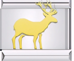 Macro shot of Italian charm link featuring a golden stag silhouette on stainless steel