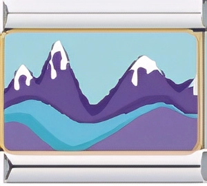 Detailed close-up of a DIY modular charm link with a blue lake and purple mountain scene