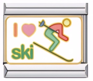 Detail showing an I Love Ski charm link in stainless steel for modular bracelets