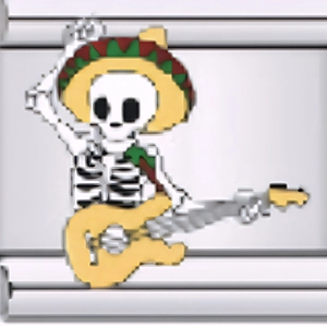 Detail of modular link featuring a pixel art skull with sombrero and guitar