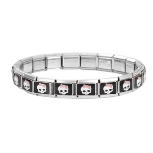 Détail du bracelet italien avec crâne à nœud rose sur émail noir et poinçon en acier