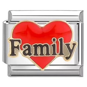 Charme italien en acier inoxydable poli avec cœur en émail rouge et inscription Family