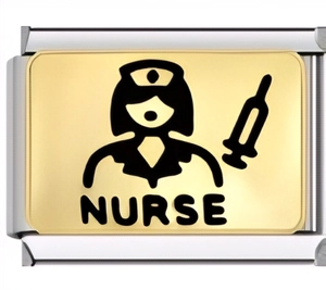 Macro detail of Italian charm link featuring gold nurse silhouette and nurse engraving