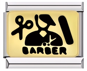 Close-up of stainless steel modular bracelet link with gold barber theme and scissors icon