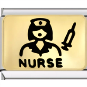 Macro shot of gold stainless steel Italian charm with nurse image and NURSE text