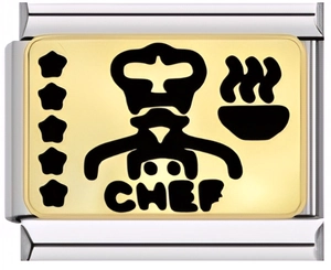 Macro view of stainless steel chef theme link charm with golden plate and chef engraving