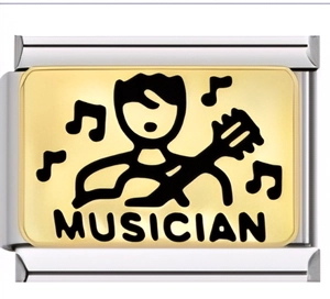 Macro view of gold and silver modular charm link with MUSICIAN guitar player engraving