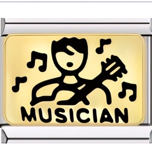 Italian charm bracelet link with golden musician and guitar engraving on steel base