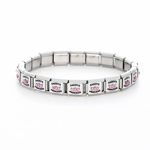 Detail of 9mm stainless steel link charm with DADDY'S PRINCESS text and pink crown