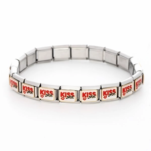 Close-up of 9mm Italian charm link with KISS Me text and red lips on silver steel