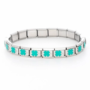 Detail of 9mm Italian charm bracelet links with teal green enamel four leaf clover patterns