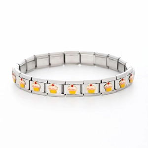 Detail of Italian charm bracelet modular links featuring colorful enamel cupcake charms