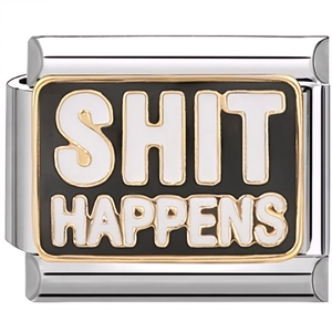 Close-up of 9mm Italian charm with Shit Happens text on black enamel background