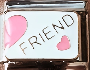 Macro detail of Italian charm link featuring FRIEND text and pink hearts design