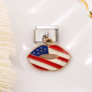 Macro detail of Italian link charm with USA flag lip pendant in stainless steel