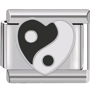 Close-up of 9mm stainless steel heart charm with black and white Yin-Yang enamel design