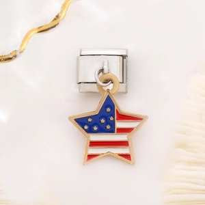 Macro view of American flag star charm on stainless steel Italian link bracelet