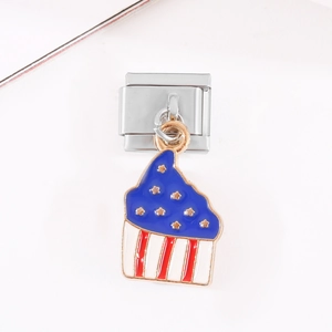 Macro detail of cupcake charm with USA flag enamel on stainless steel modular bracelet