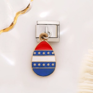 Macro shot of Italian charm link featuring American flag motif on stainless steel base
