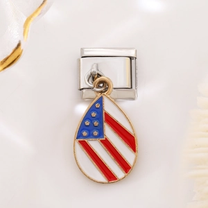 Macro view of stainless steel Italian charm with US flag enamel teardrop pendant