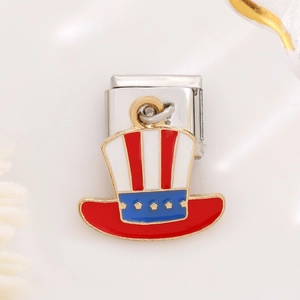 Macro shot of Italian charm bracelet link with American Uncle Sam hat enamel pendant