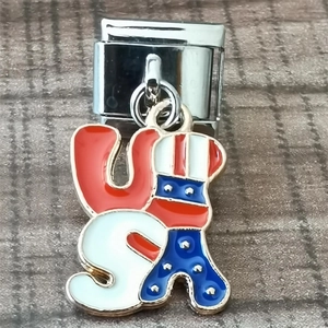 Detailed close-up of USA enamel modular charm with American flag hat design for DIY bracelets