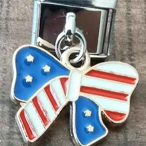 Detailed macro of a butterfly Italian charm with USA flag enamel pattern on wood