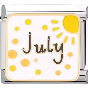 Macro detail of July birthstone charm with yellow sun and enamel on stainless steel link