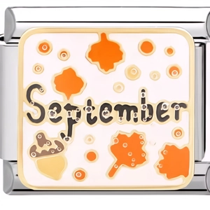 Macro view of September charm module with orange maple leaf and acorn for Italian link bracelet