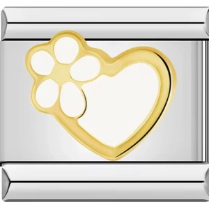 Dettaglio di una maglia per bracciale italiano con cuore dorato e fiore in acciaio