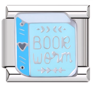 Makroaufnahme von Edelstahl-Italienischer Charm mit blauem Emaille Book Worm Motiv