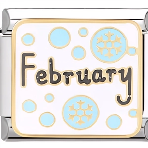 Detailed close-up of February month stainless steel charm with enamel finish for bracelets