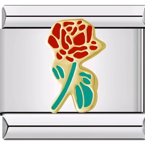 Makro-Detail von Edelstahl-Charm mit roter Rose und goldenen Umrissen für modulare Armbänder