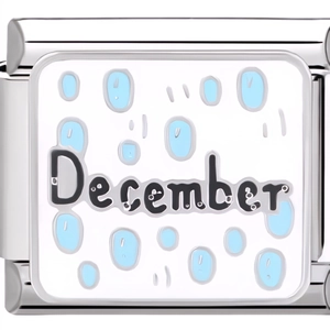 Macro view of a 9mm stainless steel December charm link with blue raindrop details