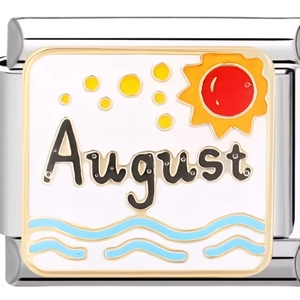 Macro shot of 9mm stainless steel Italian charm link with August enamel sun pattern